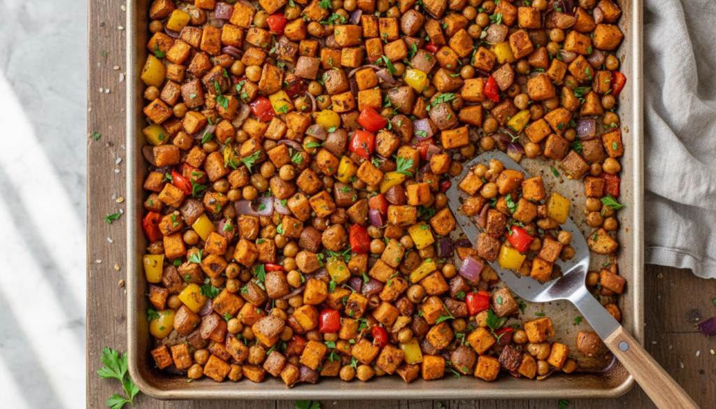 large sheet pan filled with roasted breakfast hash featuring multiple vegetables large sheet pan filled with roasted breakfast hash featuring multiple vegetables