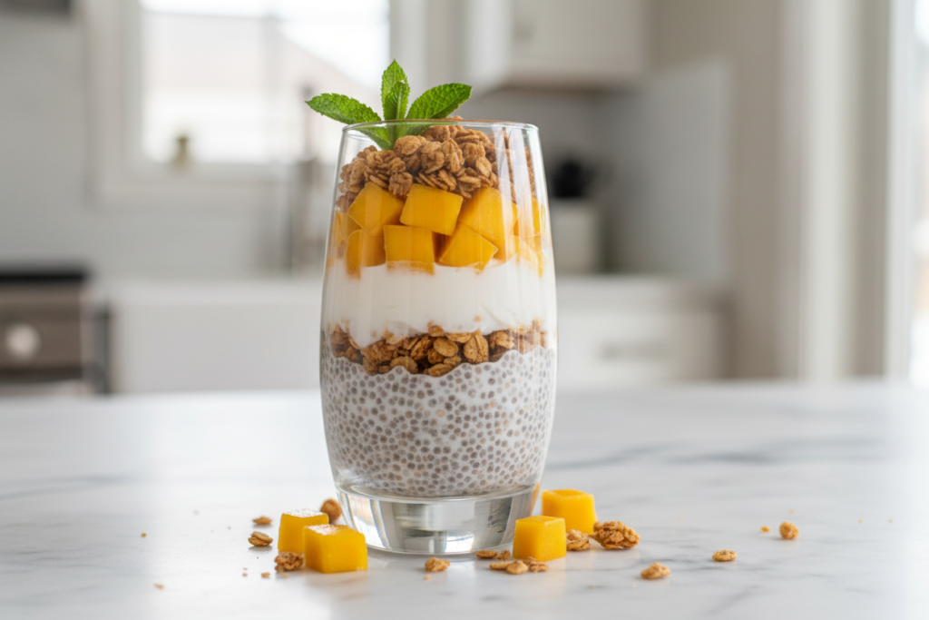 layered chia pudding parfait in a glass with coconut yogurt, fresh mango, and granola layered chia pudding parfait in a glass with coconut yogurt, fresh mango, and granola
