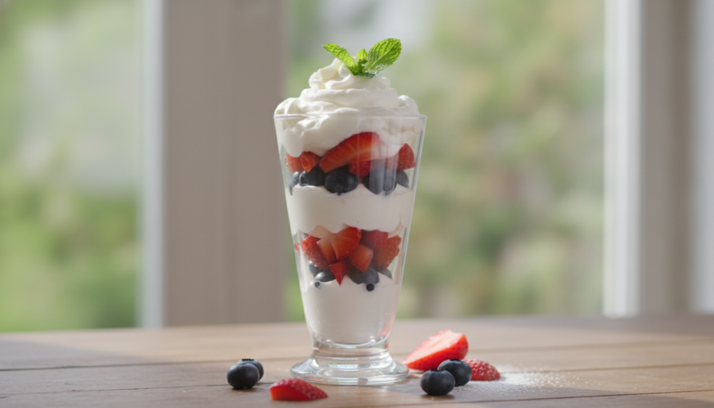 layered parfait with whipped cream and fresh berries in a glass