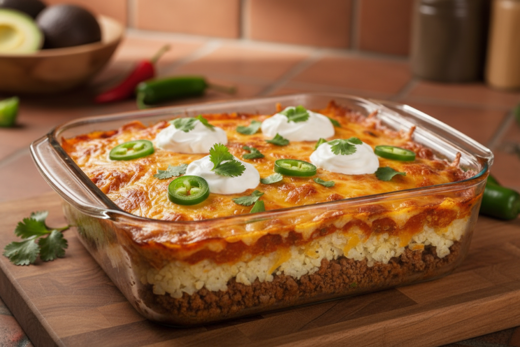 layered taco casserole with cheese and toppings