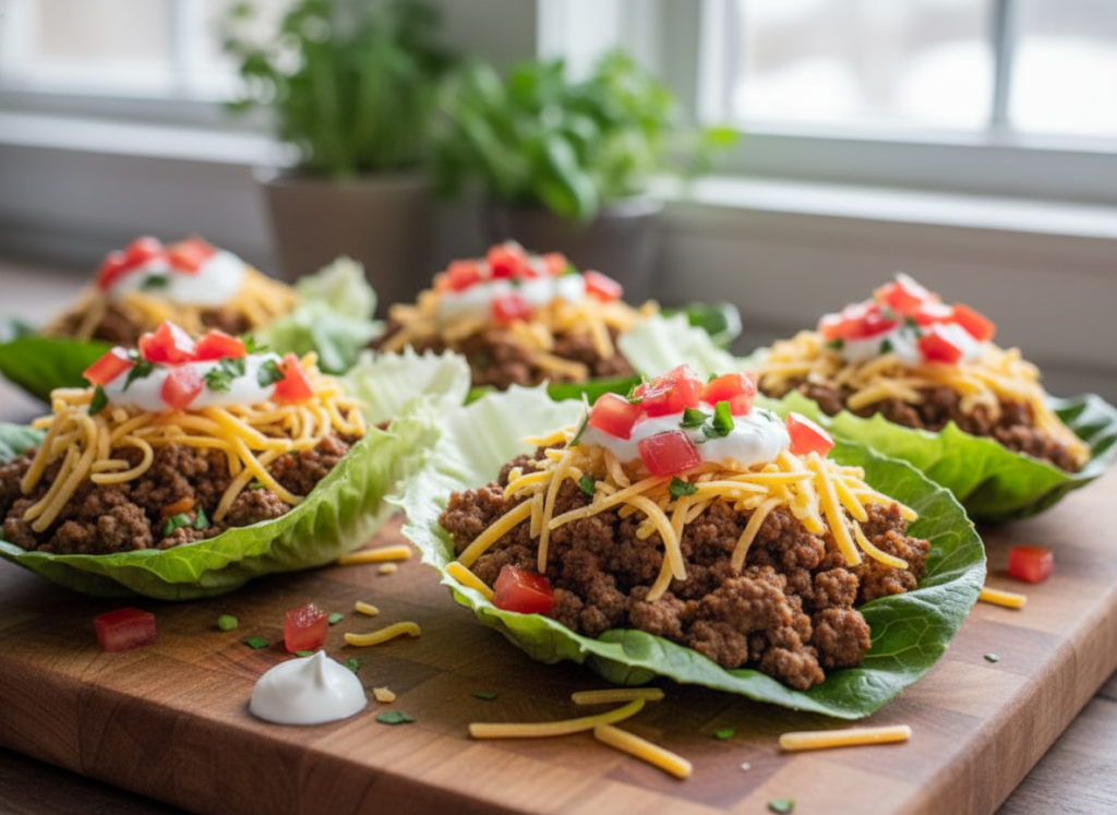 lettuce wrap filled with ground beef, cheese, and vegetables
