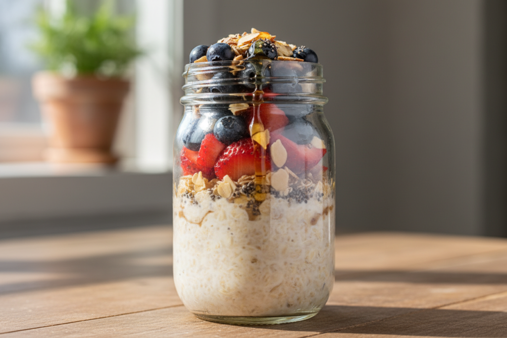 mason jar filled with creamy overnight oats topped with fresh berries, sliced almonds, and chia seeds mason jar filled with creamy overnight oats topped with fresh berries, sliced almonds, and chia seeds