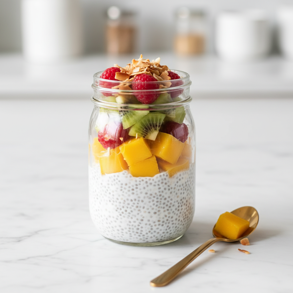 mason jar filled with layered chia pudding topped with fresh fruit and coconut flakes