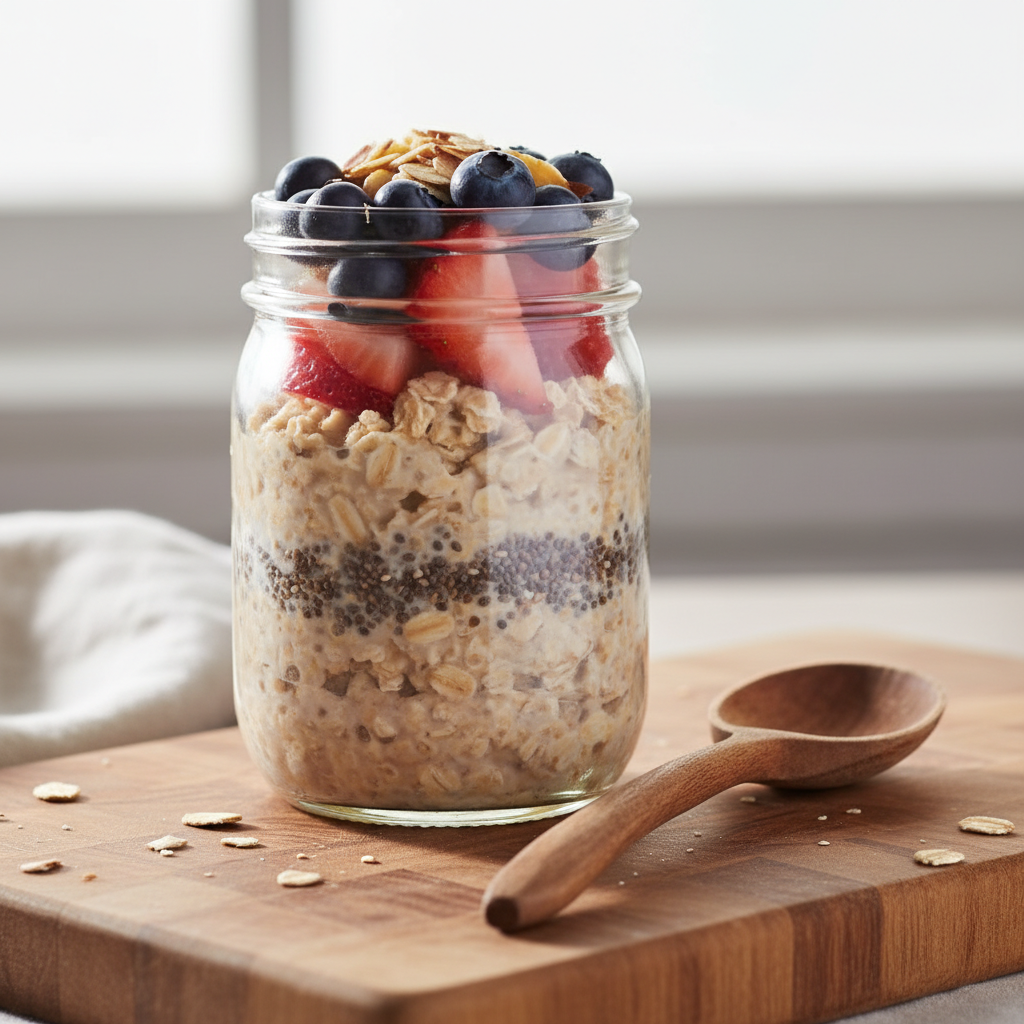 mason jar filled with layered overnight oats topped with fresh berries and almond slices