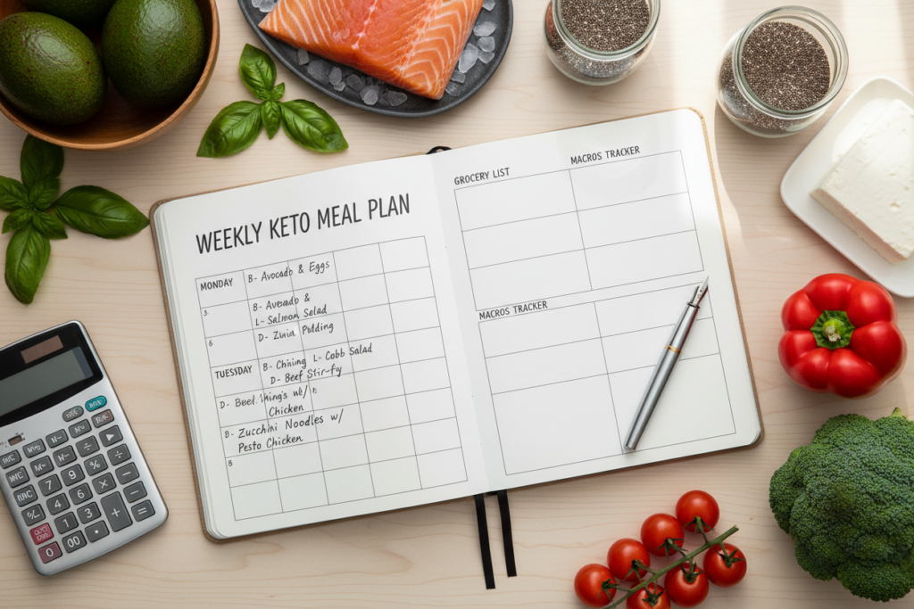 meal planning notebook with keto diet meal plan written out with healthy foods