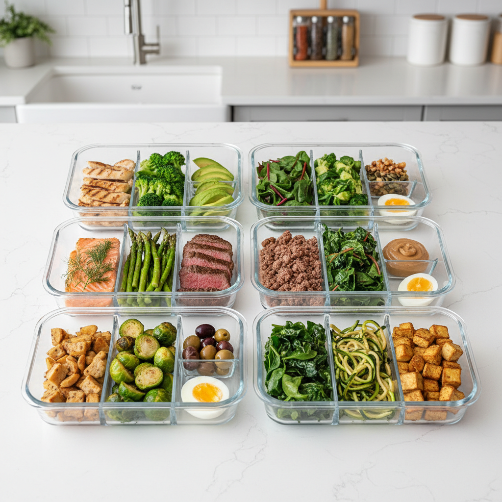 meal prep containers with organized keto lunch portions