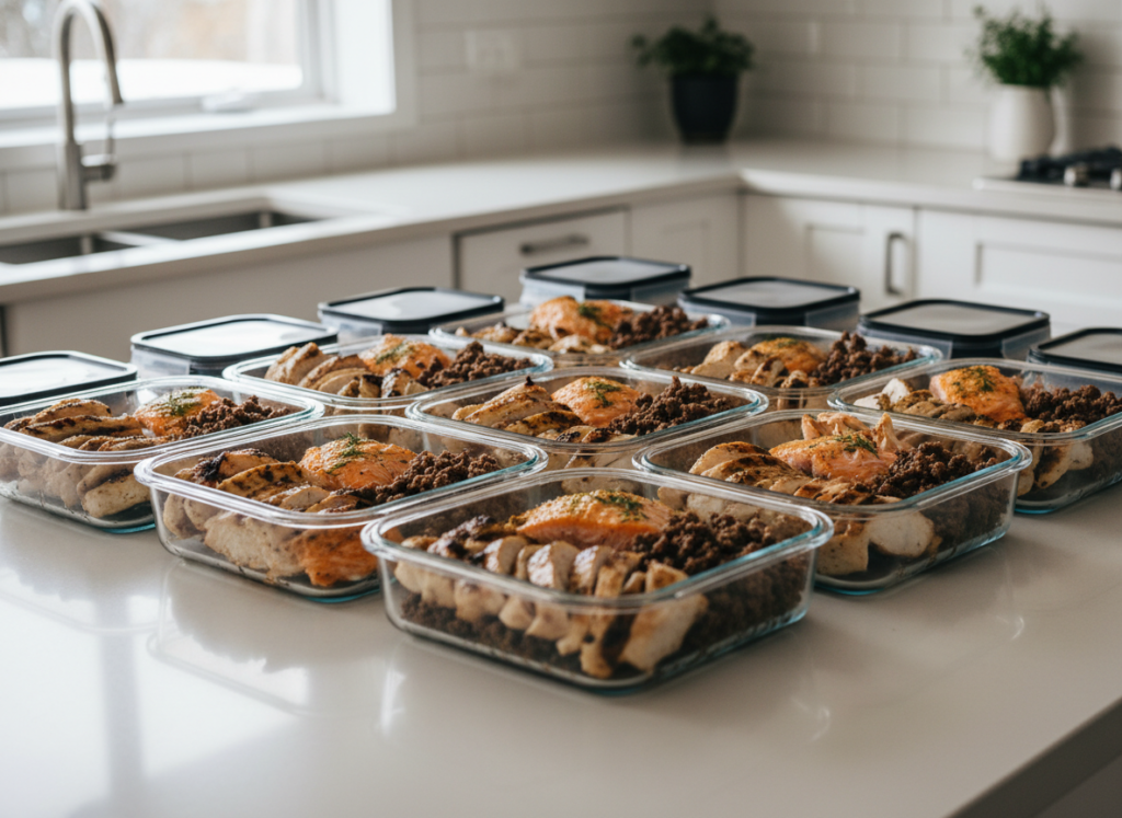 meal prep containers with various cooked proteins