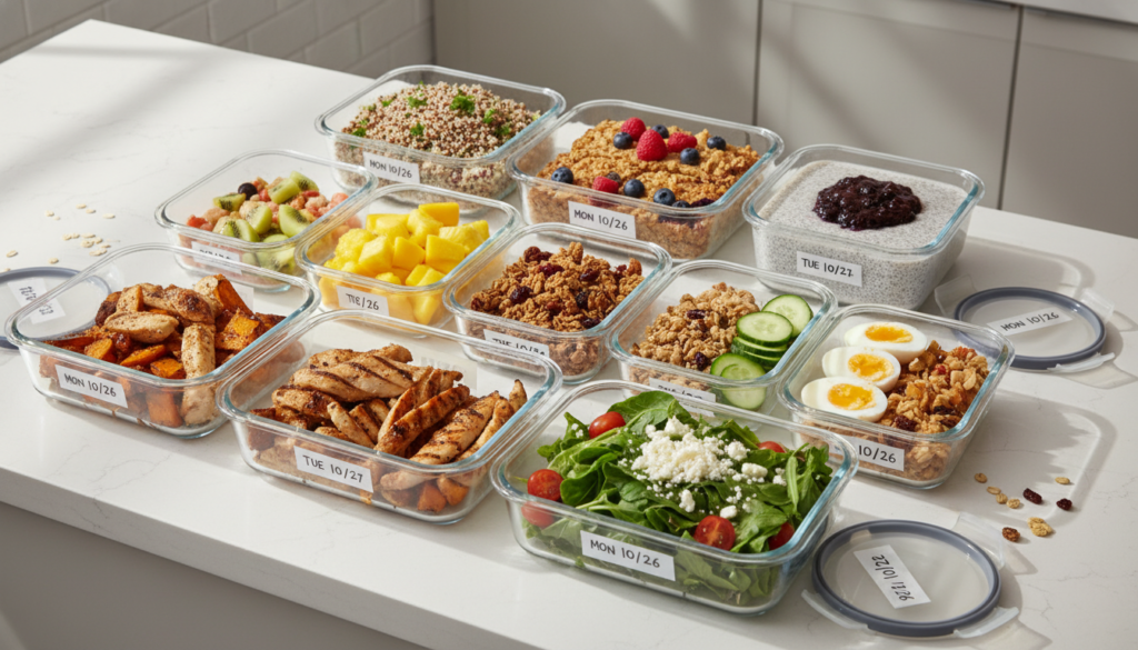 meal prep containers with various prepared vegan breakfast components