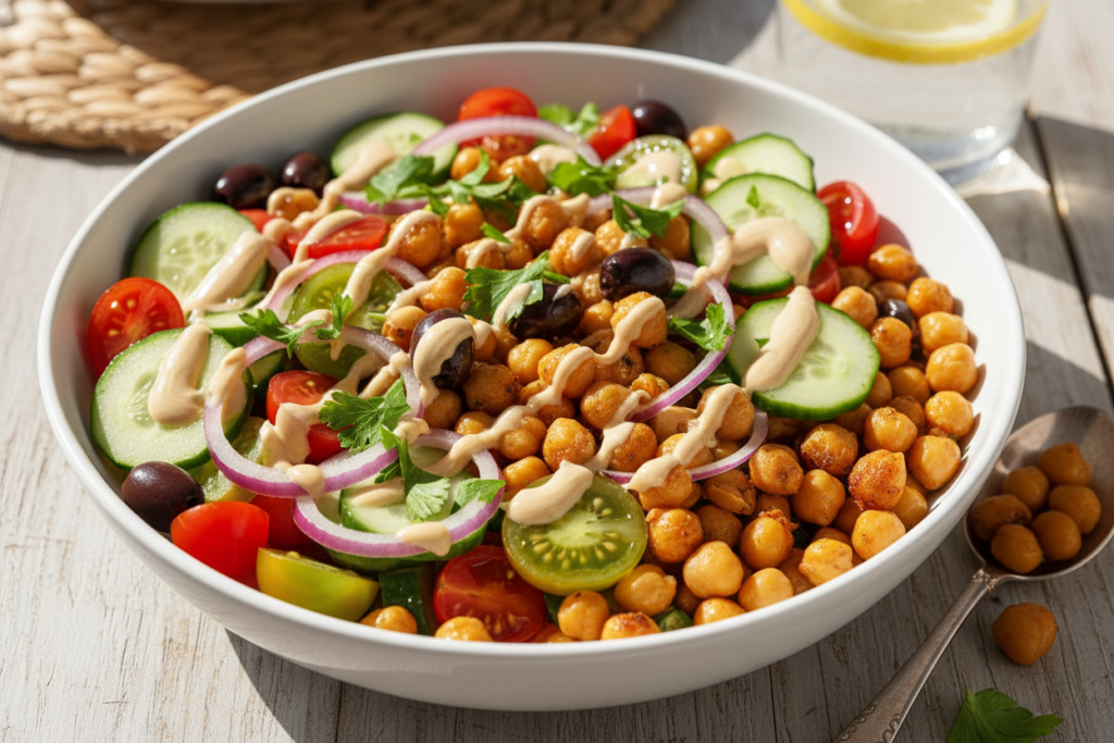 mediterranean chickpea bowl with tahini dressing, fresh vegetables, and herbs