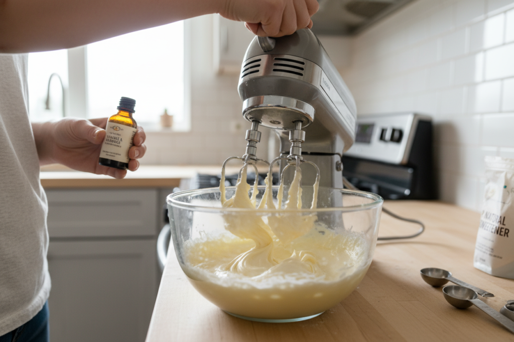 mixing keto dessert ingredients in bowl