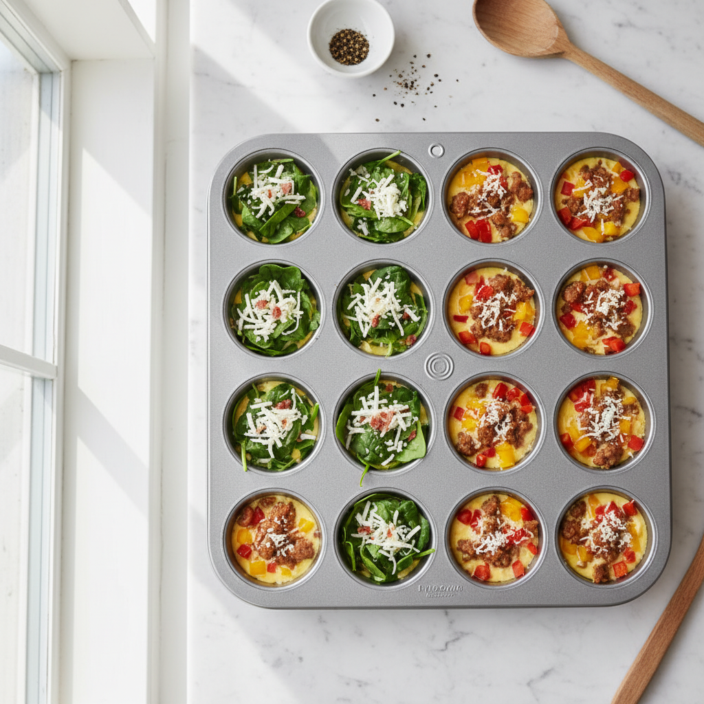 muffin tin filled with colorful egg cups ready to bake