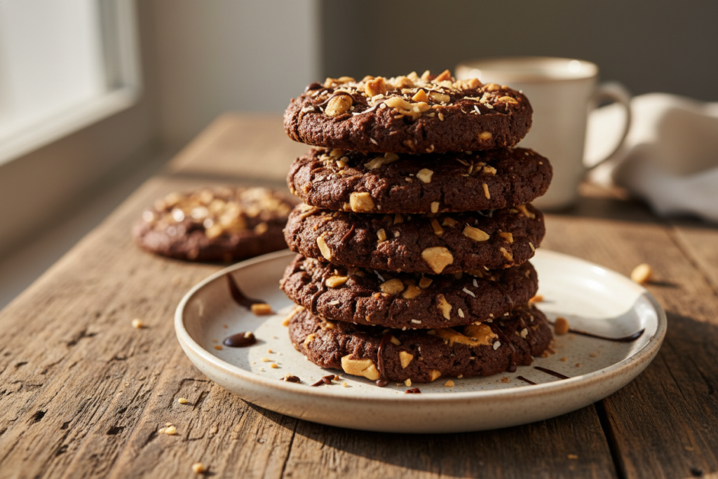 no-bake keto chocolate cookies stacked on plate