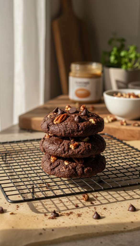 no-bake keto cookies stacked on cooling rack