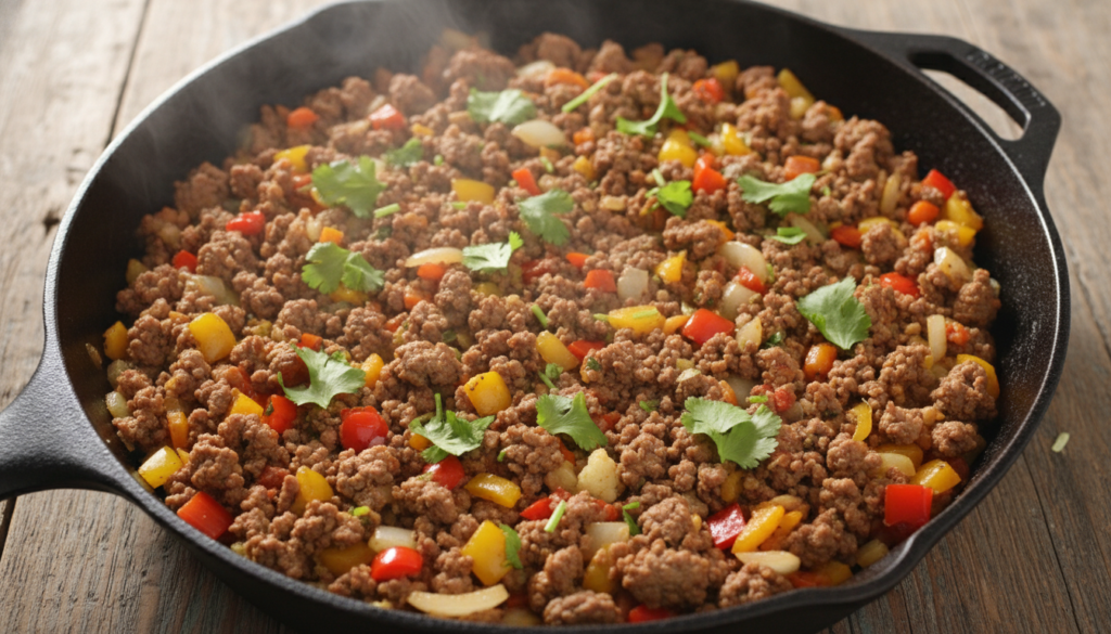 one pot beef and cauliflower rice skillet with vegetables