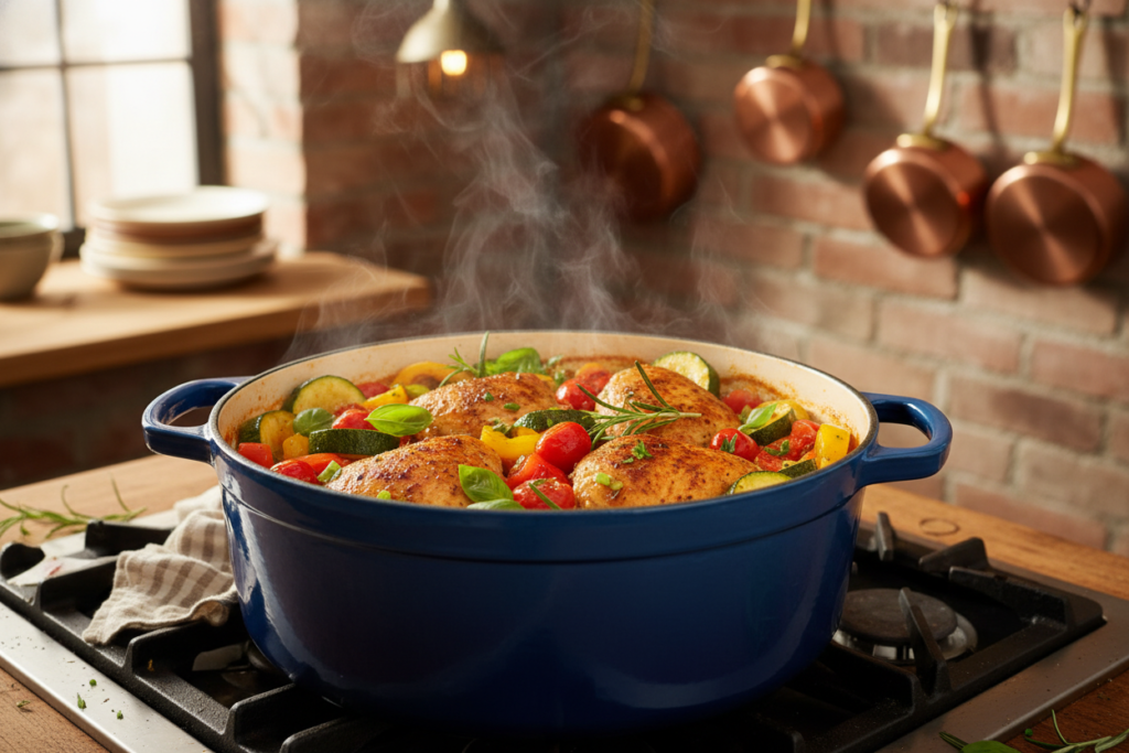 one-pot keto meal with chicken and vegetables in a dutch oven