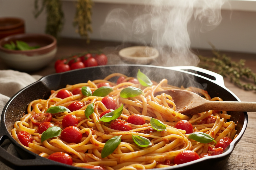one-pot pasta with cherry tomatoes bursting, fresh basil, and sauce-coated noodles