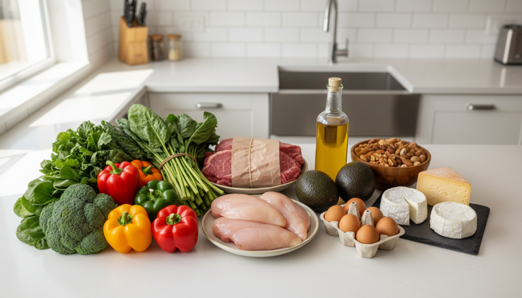 organized keto grocery shopping haul on kitchen counter