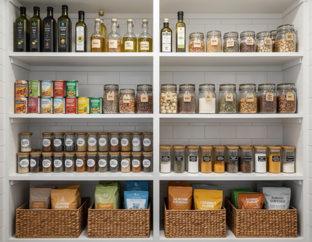 organized keto pantry with essential ingredients organized keto pantry with essential ingredients