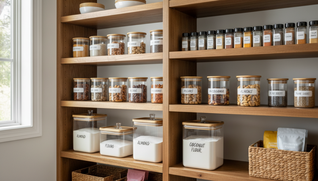 organized keto pantry with labeled containers and ingredients