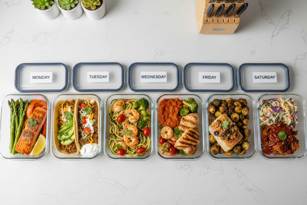 organized meal prep containers with keto dinners for the week organized meal prep containers with keto dinners for the week