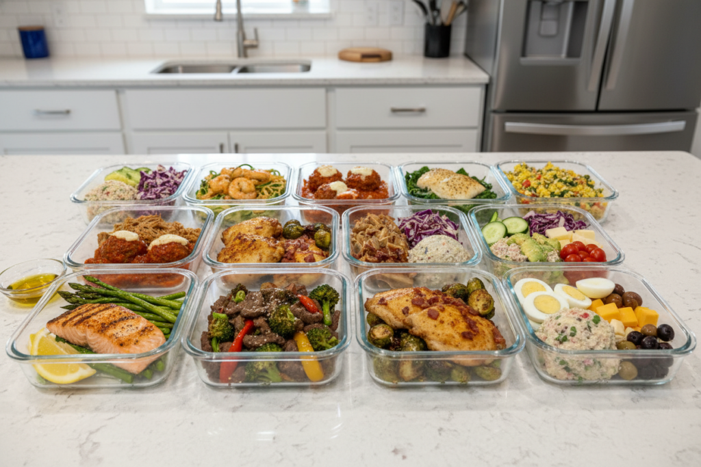 organized meal prep containers with keto meals for the week