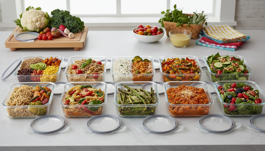 organized meal prep containers with various vegan dinners portioned and ready