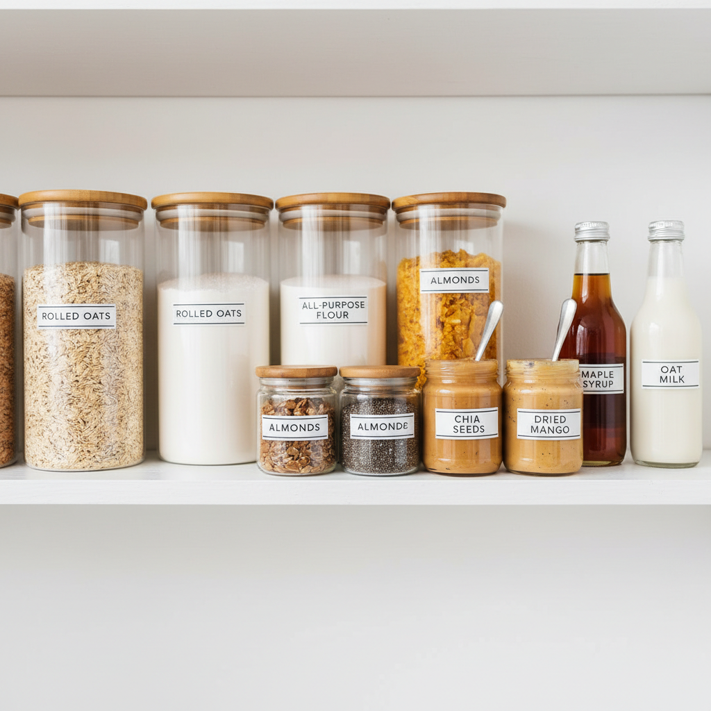 organized pantry shelf with labeled containers of breakfast ingredients