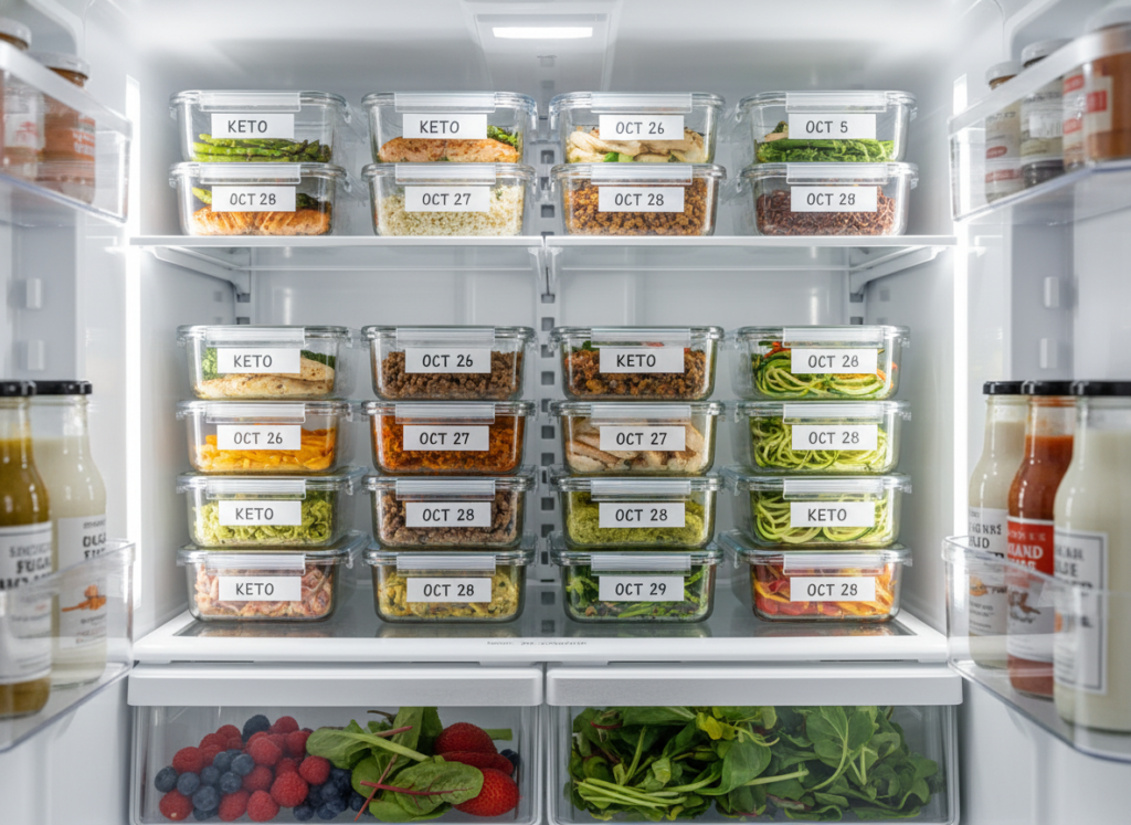 organized refrigerator with labeled keto meal prep containers