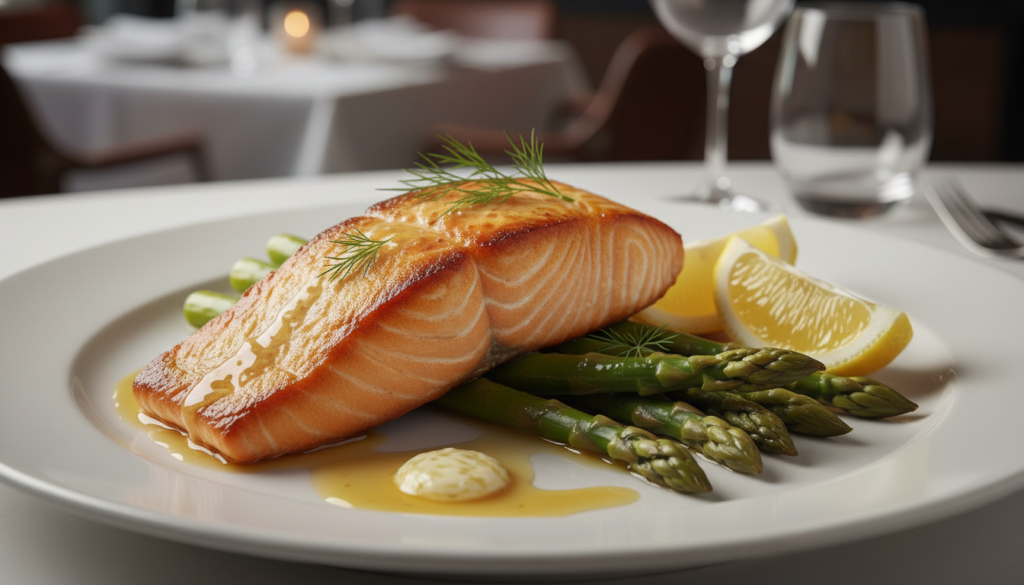 pan seared salmon with roasted asparagus and lemon