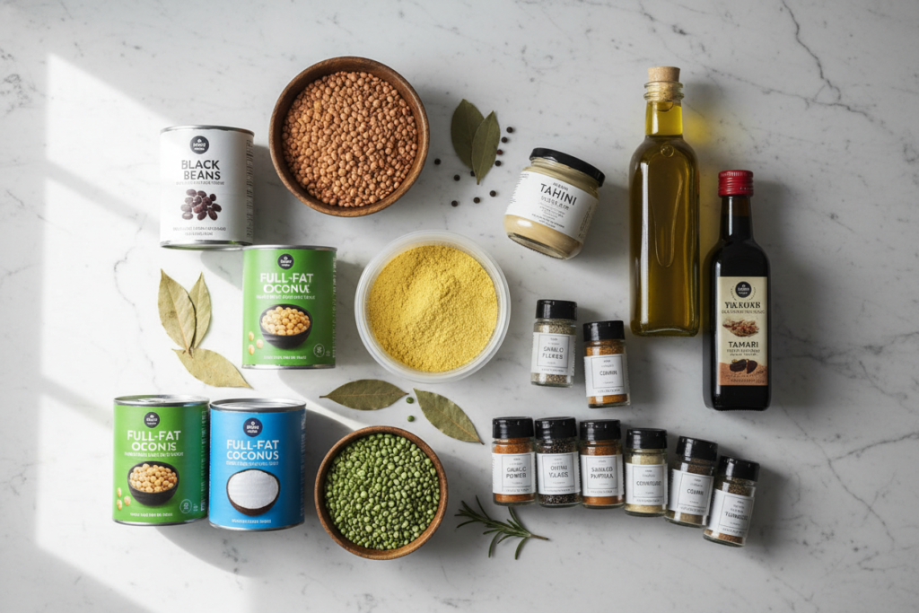 pantry staples for vegan cooking including beans, lentils, nutritional yeast, coconut milk, and various spices
