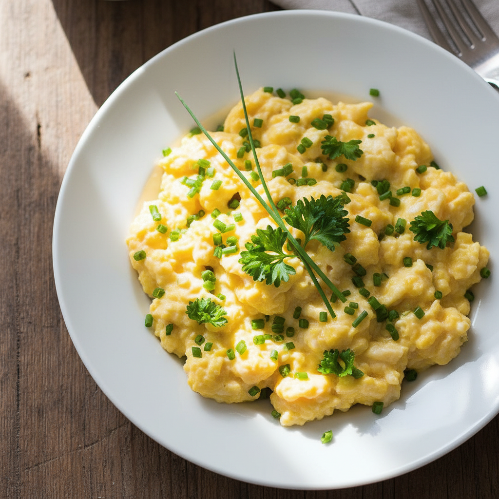 perfectly cooked scrambled eggs topped with fresh herbs