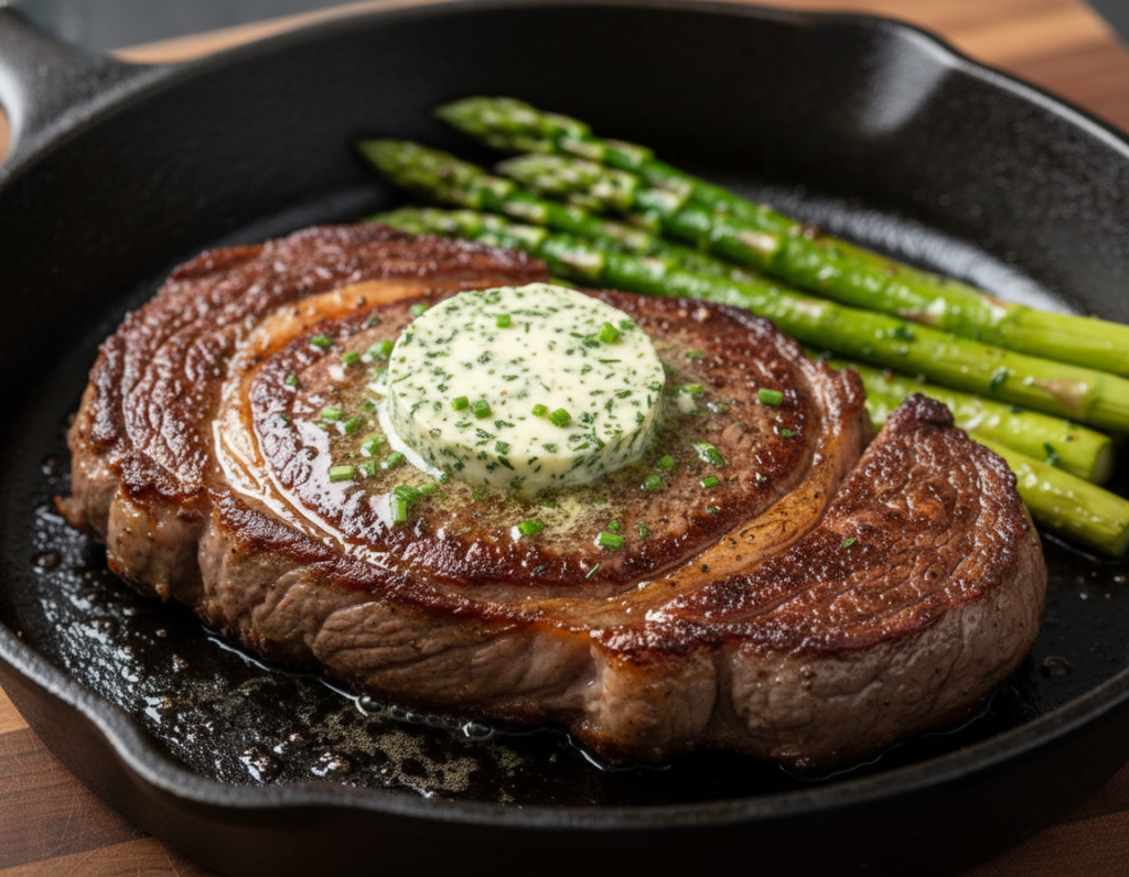 perfectly seared steak with compound butter melting on top perfectly seared steak with compound butter melting on top