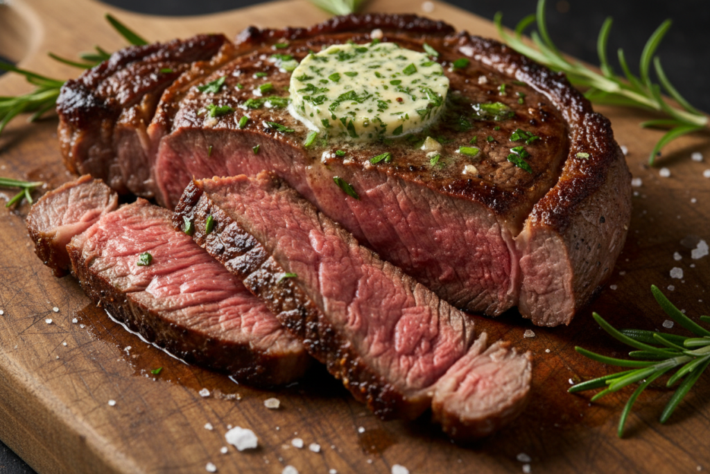 perfectly seared steak with herb butter on wooden cutting board perfectly seared steak with herb butter on wooden cutting board