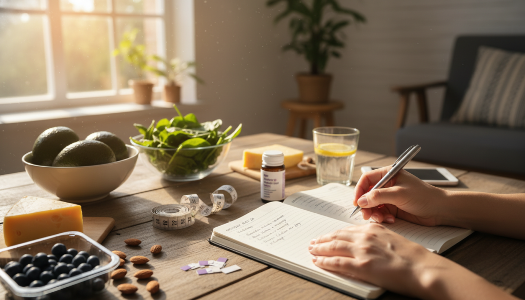 person tracking keto progress with food journal and measuring tape