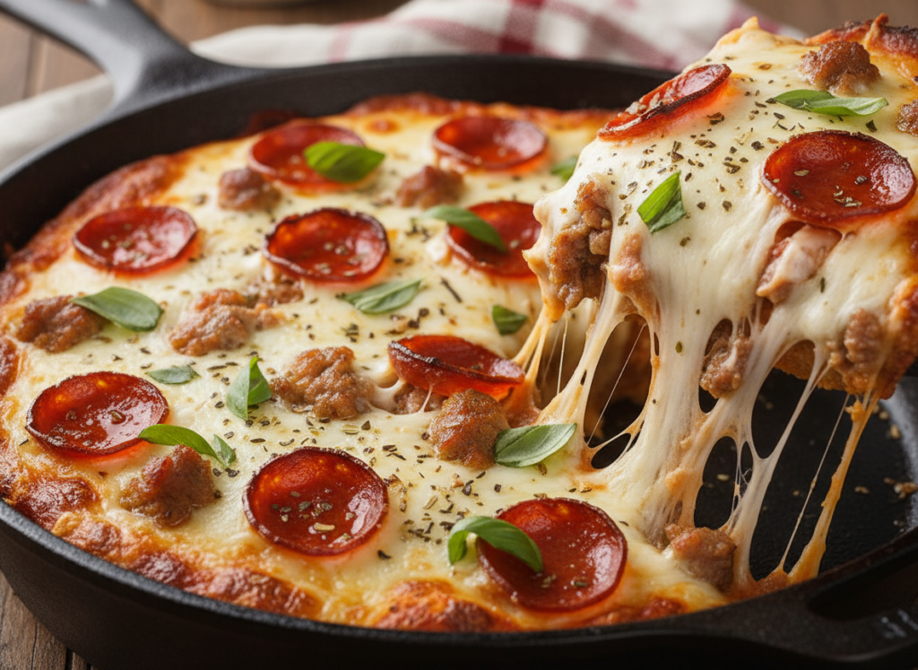 pizza casserole with pepperoni and melted mozzarella