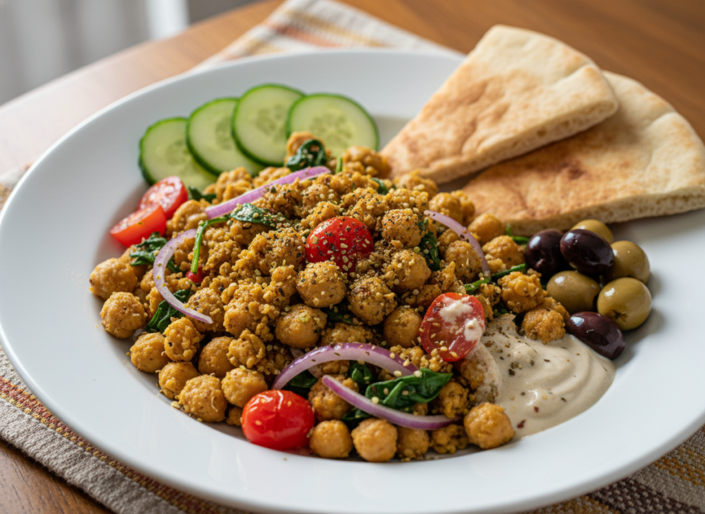 plate of chickpea scramble seasoned with za'atar, served with pita bread plate of chickpea scramble seasoned with za'atar, served with pita bread