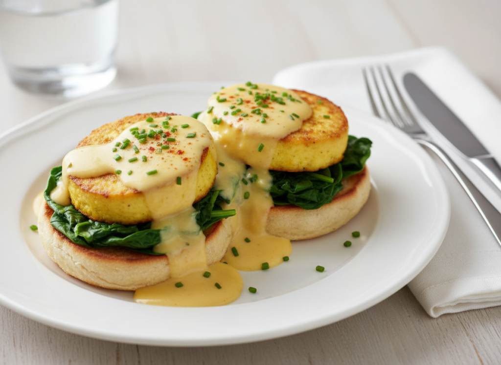 plated vegan eggs benedict with golden hollandaise sauce and fresh herbs