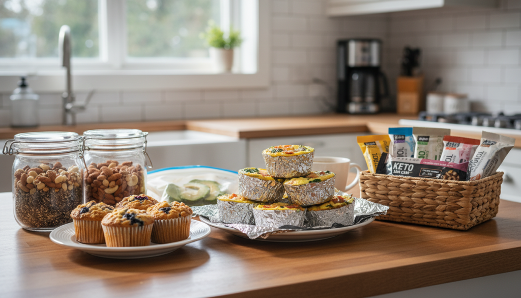 portable keto breakfast items in containers and bags