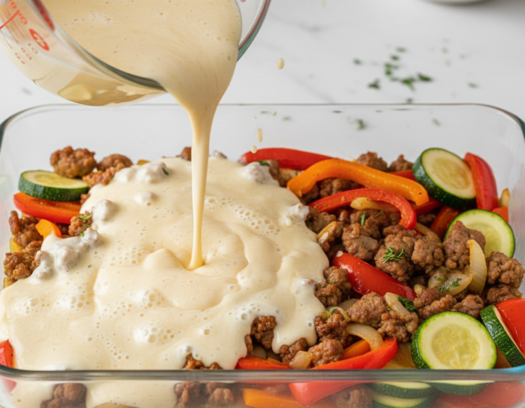 pouring egg mixture over sausage and vegetables in baking dish