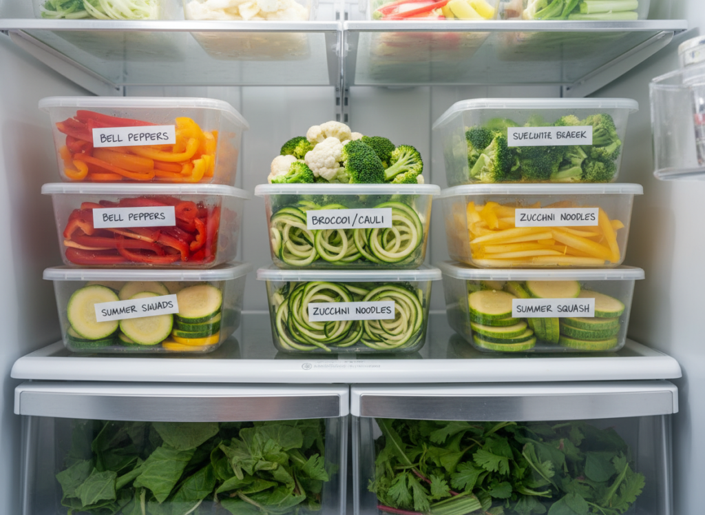 prepped vegetables in containers ready for keto cooking