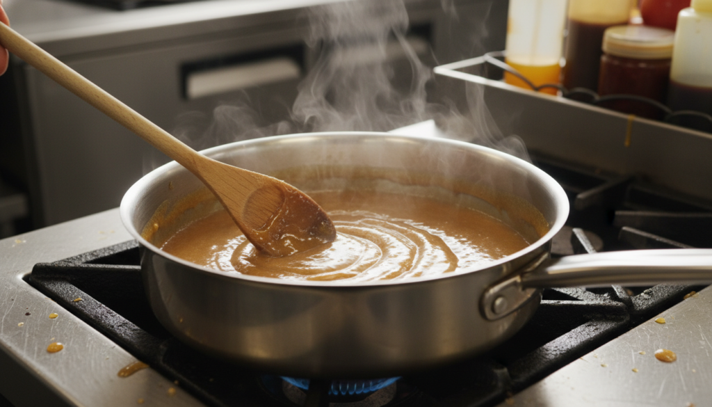 process of making keto caramel sauce in saucepan