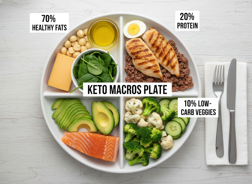 properly portioned keto plate showing fat, protein, and vegetable ratios