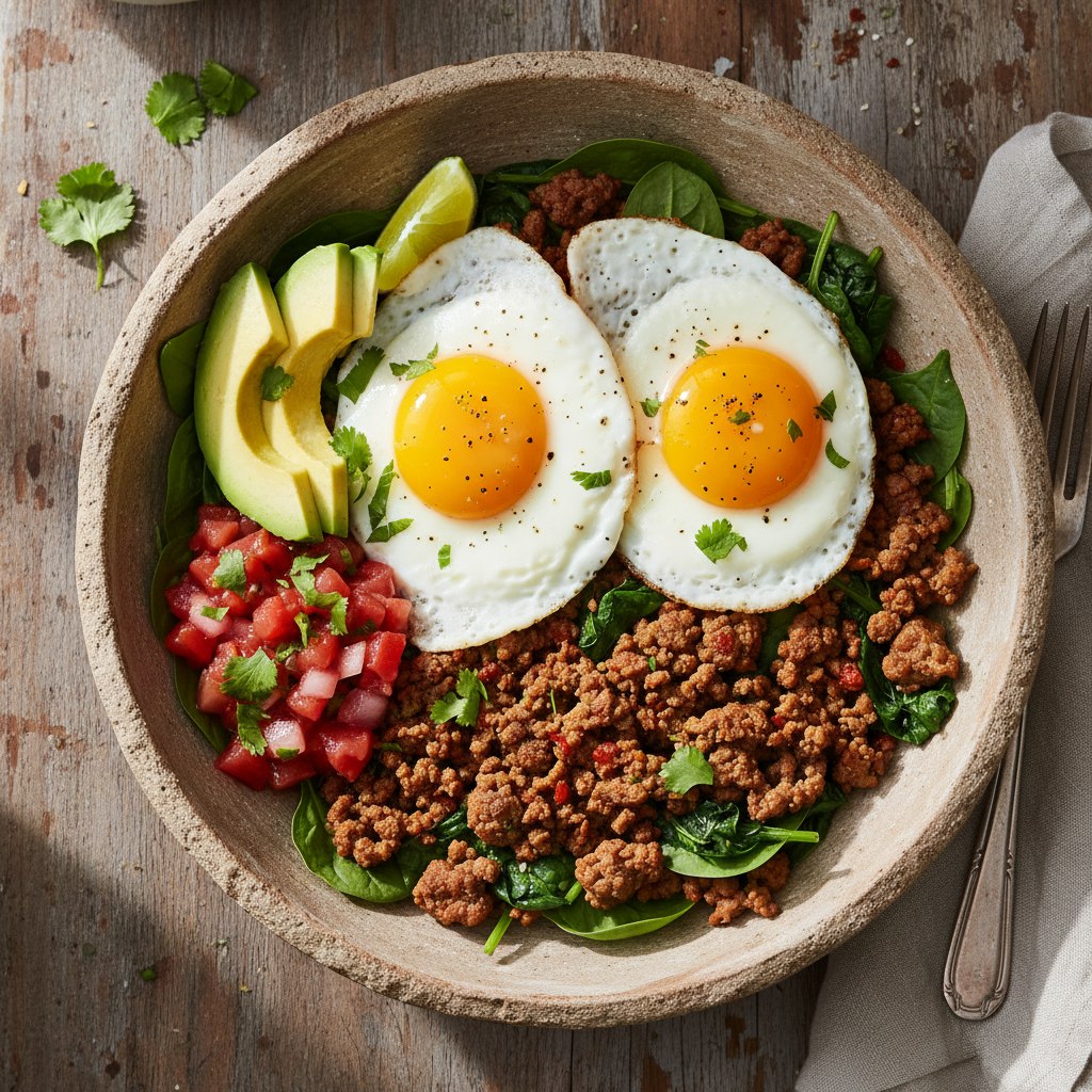 protein breakfast bowl with ground meat and eggs