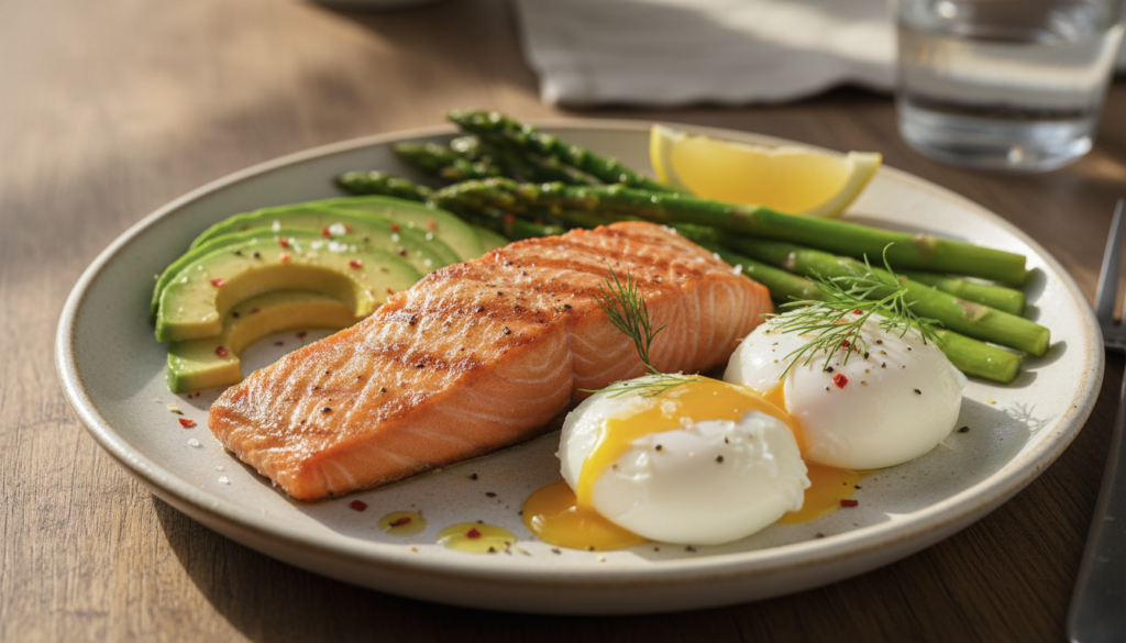 protein-rich keto breakfast with salmon and eggs