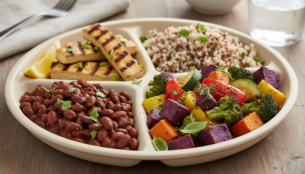 protein-rich vegan dinner plate with beans, tofu, quinoa, and roasted vegetables