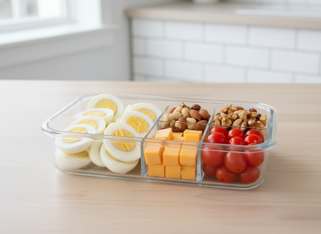 protein snack pack with eggs, cheese, and nuts