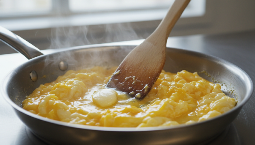 quick keto breakfast of scrambled eggs being prepared in pan