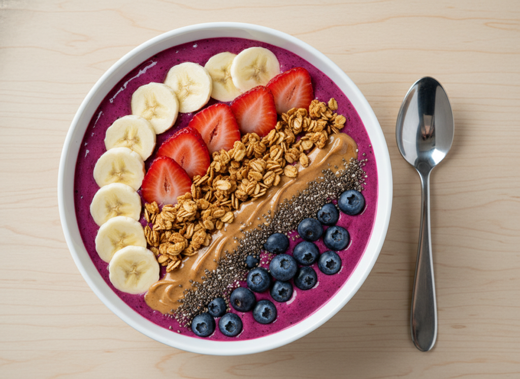 quick vegan breakfast smoothie bowl topped with fresh berries banana slices and granola