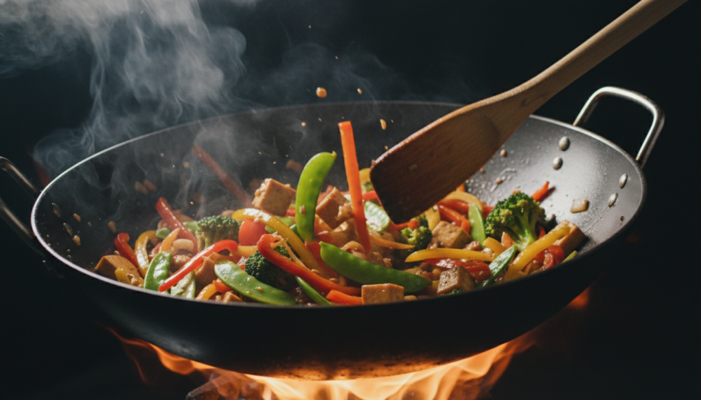 quick vegan stir-fry dinner with colorful vegetables in a wok, ready in under 30 minutes