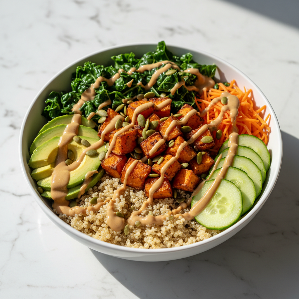 quinoa bowl with roasted sweet potatoes, kale, tahini dressing, and pumpkin seeds